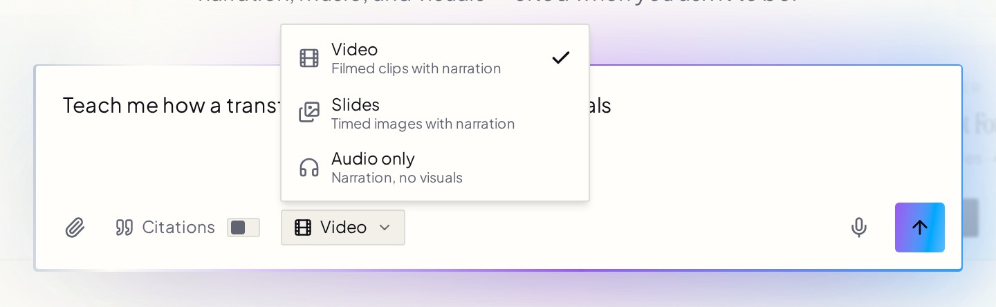 Juicee prompt composer with the lesson format picker open